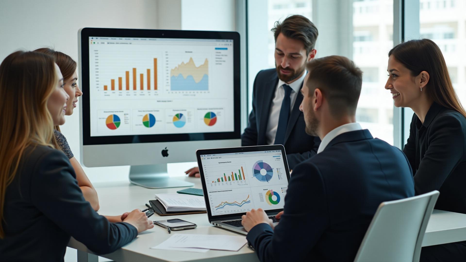 Equipe de negócios analisando crescimento e gráficos de performance
